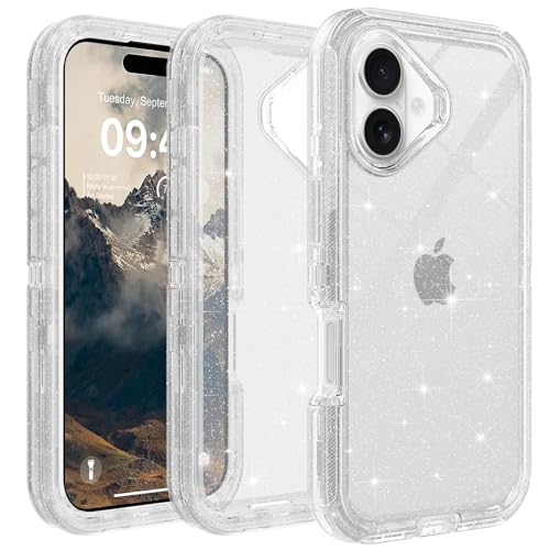 TUTUKII Schutzhülle für iPhone 16, transparent, vergilbungsfrei, stoßfest, transparent, dreilagig, strapazierfähig, Schutzhülle für Apple iPhone 16, 15,5 cm (6,1 Zoll), klarer Glitzer von TUTUKII
