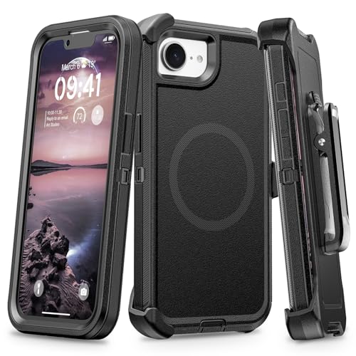 TUTUKII Schutzhülle für iPhone 16e mit Gürtelclip [kompatibel mit MagSafe], dreilagige, magnetische Ladehülle, robuste Schutzhülle für Handy16e, 15,5 cm, Schwarz von TUTUKII