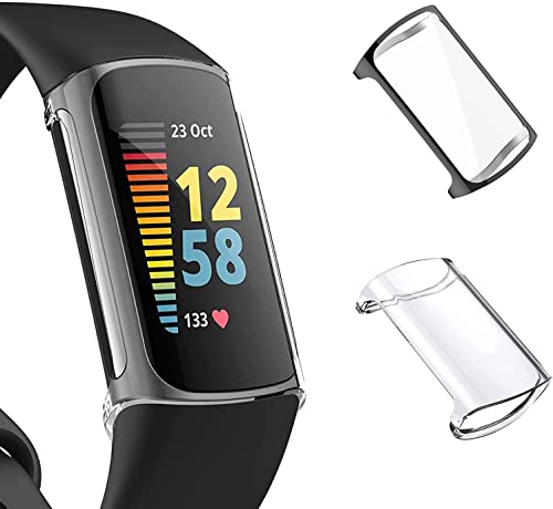 TUTUO [2 Stück] Schutzhülle Kompatibel mit Fitbit Charge 5/Fitbit Charge 6, Rundum Hülle mit Displayschutzfolie, Flexibles TPU Vollschutz Cover, Anti-Kratz Hülle Schutzfolie - Transparent + Schwarz von TUTUO