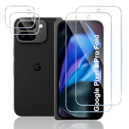 TUTUO Kompatibel mit Google Pixel 9 Pro Fold-Displayschutzfolie, [2 + 2 Stück] gehärtetes Glas + Kameralinsenschutz, [kratzfest] [blasenfrei] 9H Härte, HD klare Panzerglasfolie von TUTUO