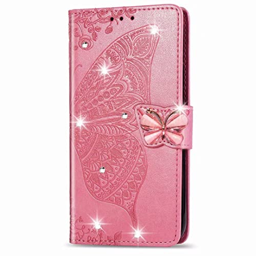 Handyhülle für Motorola Moto G54 Hülle Glitzer Bling Schmetterling Flip Lederhülle, Motorola Moto G54 Handyhülle Book Case PU Leder Tasche und Magnet Kartenfach Schutzhülle Handy hüllen Rosa von TUUNKMUY