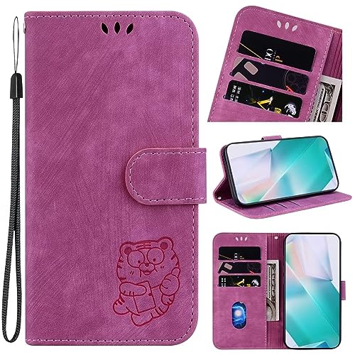 Handyhülle für Oneplus 8 Pro Hülle Leder, Handy Oneplus 8 Pro Tiger Hüllen, Leder Flip Etui Handytasche Schutzhülle für Oneplus 8 Pro with Klapphülle Standfunktion Case Rosenrot von TUUNKMUY
