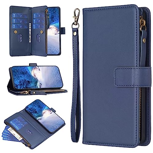 Handyhülle für Samsung Galaxy A32 5G, Flip Case Reißverschluss Lederhülle Magnetverschluss Brieftasche mit Kartenfächern Standfuntion Ledertasche für Samsung Galaxy A32 5G, blau von TUUNKMUY