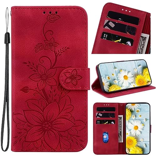 Handyhülle für Samsung Galaxy A40 Hülle Leder, Handy Samsung Galaxy A40 Blumen Hüllen, Leder Flip Etui Handytasche Schutzhülle für Samsung Galaxy A40 with Klapphülle Standfunktion Case Rosenrot von TUUNKMUY