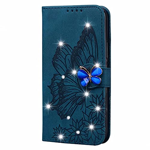 Handyhülle für iPhone 15 Pro Hülle Glitzer Bling Schmetterling Flip Lederhülle, iPhone 15 Pro Handyhülle Book Case PU Leder Tasche und Magnet Kartenfach Schutzhülle Handy hüllen Blau von TUUNKMUY