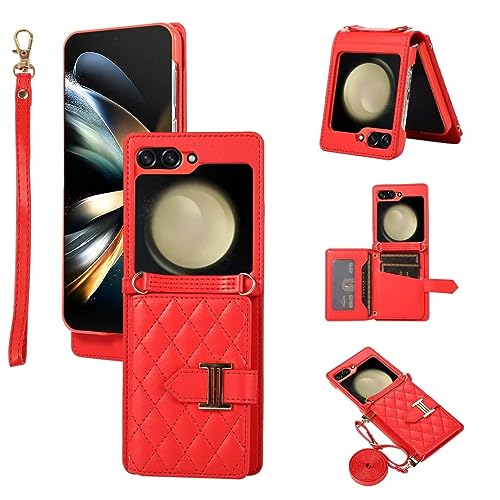 Hülle Case für Samsung Galaxy Z Flip 4, Premium Leder für Samsung Galaxy Z Flip 4 Mädchen Handyhülle Handytasche Schutzhülle Etui Tasche mit Kartenfach Ständer Magnetverschluss rot von TUUNKMUY