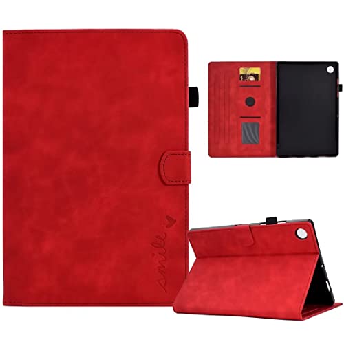 Hülle für Lenovo Tab M10 Plus 3rd Gen 10.6 (TB125FU/TB128FU) Premium PU Leder Geprägte Lächeln Liebe Flip Case Cover Magnetisch Ständer Tasche Tablet Schutzhülle mit Kartenfach, rot von TUUNKMUY