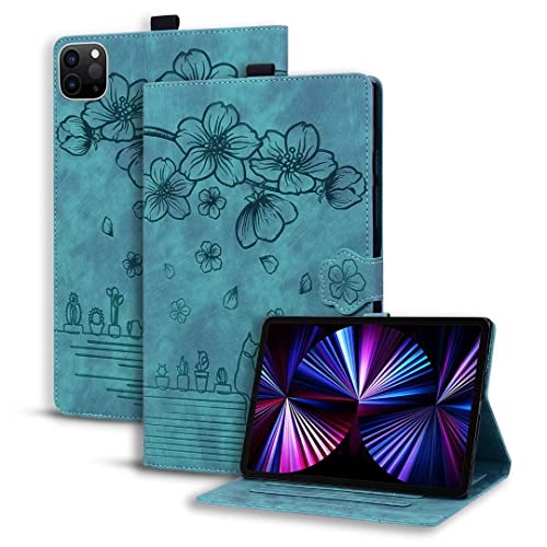 Hülle für Samsung Galaxy Tab A9+ 11 Zoll 2023 Premium PU Leder Geprägte Blütenkatze Flip Case Cover Magnetisch Ständer Tasche Tablet Schutzhülle mit Kartenfach für Samsung Galaxy Tab A9+, grün von TUUNKMUY