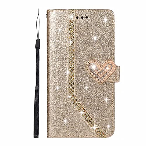 für iPhone 15 Hülle, Für iPhone 15 Handyhülle Glitzer Diamant Herz Blume Flip Case Book PU Leder Cover Magnet Schutzhülle Ständer Handytasche für iPhone 15 Golden von TUUNKMUY