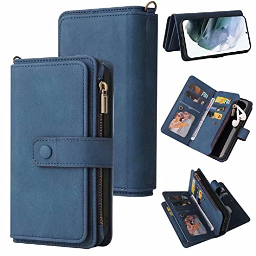 für iPhone 15 Pro Max Hülle, Reißverschluss Lederhülle für iPhone 15 Pro Max Handyhülle Wallet Flip Cover Ledertasche Schutzhülle Hüllen Tasche mit Ständer Kartenfach Magnetisch, Blau von TUUNKMUY