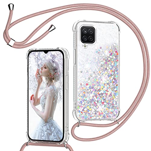 Handykette Hülle für Samsung Galaxy A12 4G/M12, Glitzer Treibsand Necklace Silikon Stoßfest Handyhülle mit Band Transparent TPU Bumper Schutzhülle mit Kordel zum Umhängen, Quicksand Case in Rosé-Gold von TUUT