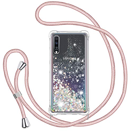 Handykette Hülle für Samsung Galaxy A50/A30S/A50S, Glitzer Treibsand Necklace Silikon Stoßfest Handyhülle mit Band Transparent Bumper Schutzhülle mit Kordel zum Umhängen, Quicksand Case in Rosé-Gold von TUUT