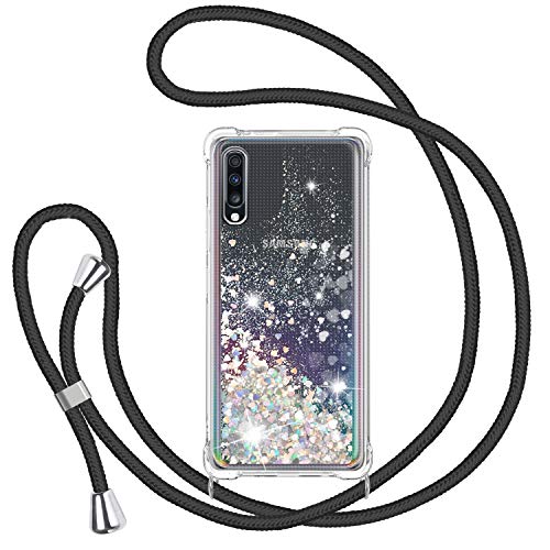 Handykette Hülle für Samsung Galaxy A50/A30S/A50S, Glitzer Treibsand Necklace Silikon Stoßfest Handyhülle mit Band Transparent TPU Bumper Schutzhülle mit Kordel zum Umhängen, Quicksand Case in Schwarz von TUUT