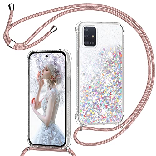 Handykette Hülle für Samsung Galaxy A51 4G, Glitzer Treibsand Necklace Silikon Stoßfest Handyhülle mit Band Transparent TPU Bumper Schutzhülle mit Kordel zum Umhängen, Quicksand Case in Rosé-Gold von TUUT