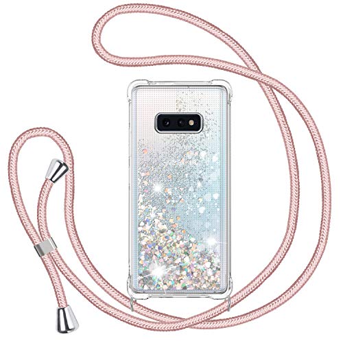 Handykette Hülle für Samsung Galaxy S10e, Glitzer Treibsand Necklace Silikon Stoßfest Handyhülle mit Band Transparent Bumper Schutzhülle mit Kordel zum Umhängen, Quicksand Case in Rosé-Gold von TUUT