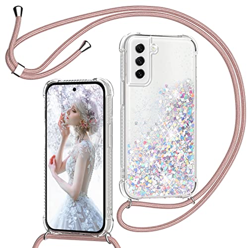 Handykette Hülle für Samsung Galaxy S21 5G, Glitzer Treibsand Necklace Silikon Stoßfest Handyhülle mit Band Transparent TPU Bumper Schutzhülle mit Kordel zum Umhängen, Quicksand Case in Rosé-Gold von TUUT