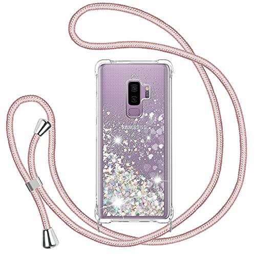 Handykette Hülle für Samsung Galaxy S9 Plus/S9+, Glitzer Treibsand Necklace Silikon Stoßfest Handyhülle mit Band Transparent Bumper Schutzhülle mit Kordel zum Umhängen, Quicksand Case in Rosé-Gold von TUUT