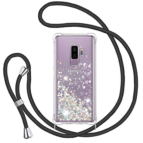 Handykette Hülle für Samsung Galaxy S9 Plus/S9+, Glitzer Treibsand Necklace Silikon Stoßfest Handyhülle mit Band Transparent TPU Bumper Schutzhülle mit Kordel zum Umhängen, Quicksand Case in Schwarz von TUUT