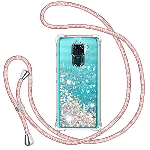 Handykette Hülle für Xiaomi Redmi Note 9, Glitzer Treibsand Necklace Silikon Stoßfest Handyhülle mit Band Transparent Bumper Schutzhülle mit Kordel zum Umhängen, Flüssig Quicksand Case in Rosé-Gold von TUUT