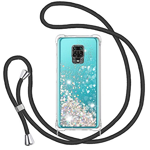 Handykette Hülle für Xiaomi Redmi Note 9S/Note 9 Pro/Note 9 Pro Max, Glitzer Treibsand Silikon Stoßfest Handyhülle mit Band Transparent Schutzhülle mit Kordel zum Umhängen, Quicksand Case in Schwarz von TUUT