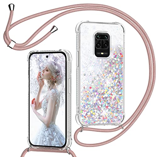 Handykette Hülle für Xiaomi Redmi Note 9S/Note 9 Pro/Note 9 Pro Max, Glitzer Treibsand Silikon Stoßfest Handyhülle mit Band Transparent Schutzhülle mit Kordel zum Umhängen,Quicksand Case in Rosé-Gold von TUUT