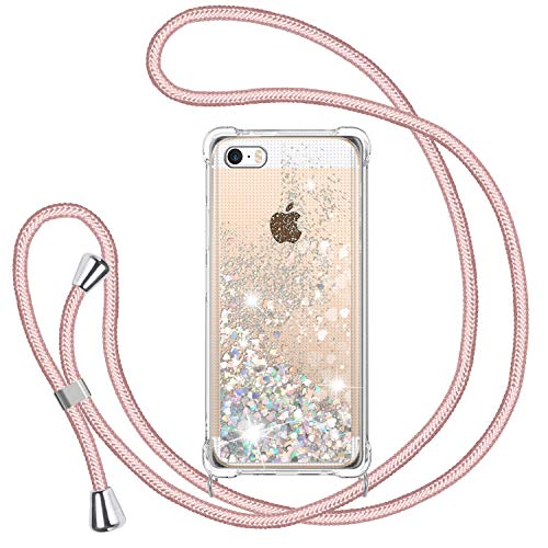 Handykette Hülle für iPhone 5/iPhone 5S/SE 2016, Glitzer Treibsand Necklace Silikon Stoßfest Handyhülle mit Band Transparent TPU Bumper Schutzhülle mit Kordel zum Umhängen, Quicksand Case in Rosé-Gold von TUUT