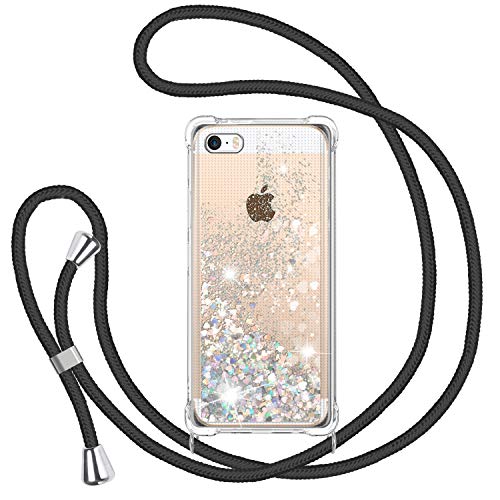 Handykette Hülle für iPhone 5/iPhone 5S/SE 2016, Glitzer Treibsand Necklace Silikon Stoßfest Handyhülle mit Band Transparent TPU Bumper Schutzhülle mit Kordel zum Umhängen, Quicksand Case in Schwarz von TUUT