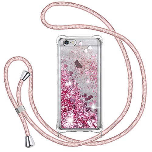 Handykette Hülle für iPhone 6/iPhone 6S/7/8/SE 2020, Glitzer Treibsand Necklace Silikon Stoßfest Handyhülle mit Band Transparent Bumper Schutzhülle mit Kordel zum Umhängen, Quicksand Case in Rosa von TUUT