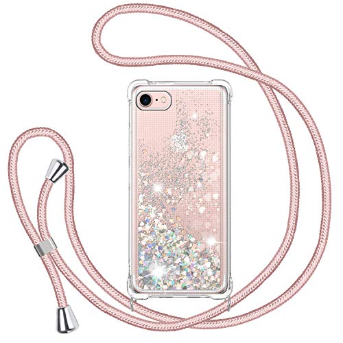 Handykette Hülle für iPhone SE 2022/ 7/ 8/SE 2020, Glitzer Treibsand Necklace Silikon Stoßfest Handyhülle mit Band Transparent TPU Schutzhülle mit Kordel zum Umhängen, Case in Rosé-Gold von TUUT