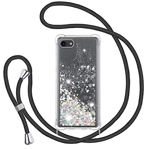 Handykette Hülle für iPhone SE 2022/iPhone 7/iPhone 8/SE 2020, Glitzer Treibsand Necklace Silikon Stoßfest Handyhülle mit Band Clear TPU Schutzhülle mit Kordel zum Umhängen, Quicksand Case in Schwarz von TUUT