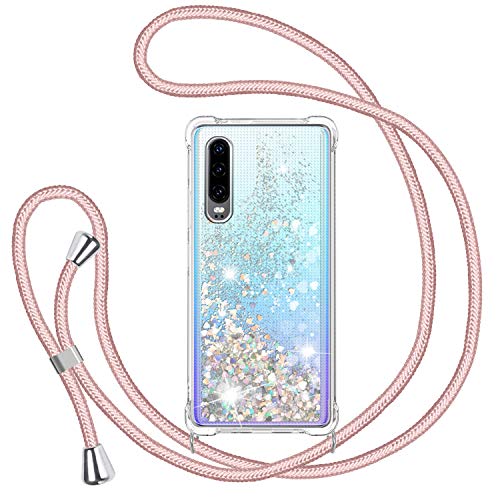 TUUT Handykette Hülle für Huawei P30, Glitzer Treibsand Necklace Silikon Stoßfest Handyhülle mit Band Transparent TPU Bumper Schutzhülle mit Kordel zum Umhängen, Flüssig Quicksand Case in Rosé-Gold von TUUT