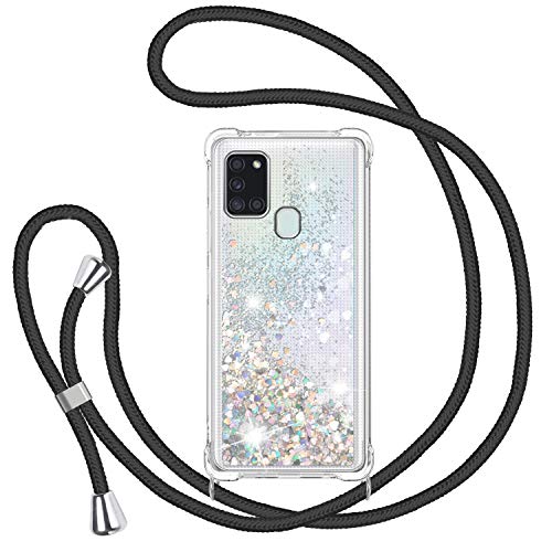 TUUT Handykette Hülle für Samsung Galaxy A21S, Glitzer Treibsand Necklace Silikon Stoßfest Handyhülle mit Band Transparent TPU Bumper Schutzhülle mit Kordel zum Umhängen, Quicksand Case in Schwarz von TUUT