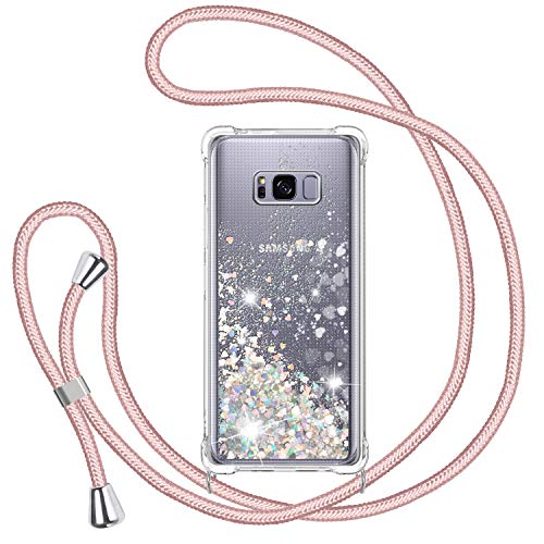 TUUT Handykette Hülle für Samsung Galaxy S8, Glitzer Treibsand Necklace Silikon Stoßfest Handyhülle mit Band Transparent Bumper Schutzhülle mit Kordel zum Umhängen, Quicksand Case in Rosé-Gold von TUUT