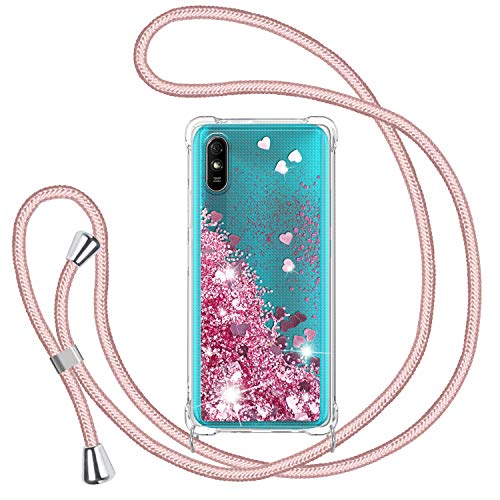 TUUT Handykette Hülle für Xiaomi Redmi 9A/Redmi 9AT, Glitzer Treibsand Necklace Silikon Stoßfest Handyhülle mit Band Transparent TPU Bumper Schutzhülle mit Kordel zum Umhängen, Quicksand Case in Rosa von TUUT