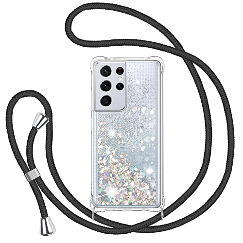 Handykette Hülle für Samsung Galaxy S22 Ultra 5G, Glitzer Treibsand Necklace Silikon Stoßfest Handyhülle mit Band Transparent TPU Bumper Schutzhülle mit Kordel zum Umhängen, Quicksand Case in Schwarz von TUUTPU