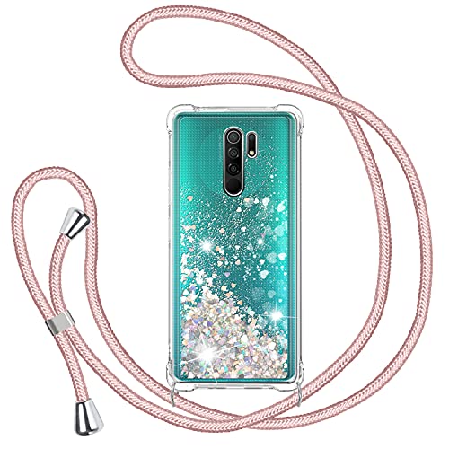 Handykette Hülle für Xiaomi Redmi 9, Glitzer Treibsand Necklace Silikon Stoßfest Handyhülle mit Band Transparent TPU Bumper Schutzhülle mit Kordel zum Umhängen, Flüssig Quicksand Case in Rosé-Gold von TUUTPU