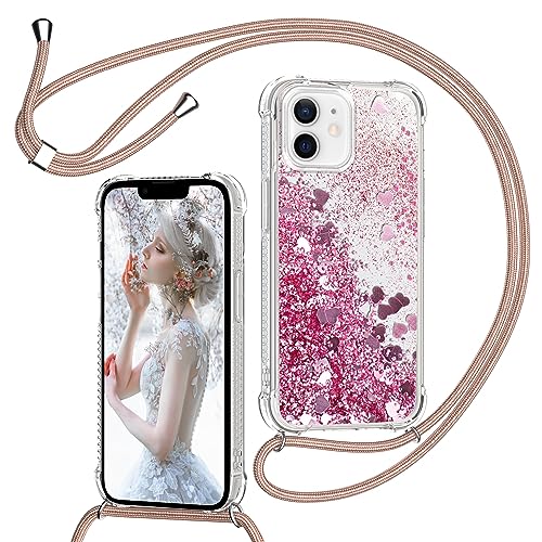 Handykette Hülle für iPhone 11 6,1'', Glitzer Treibsand Necklace Silikon Stoßfest Handyhülle mit Band Transparent TPU Bumper Schutzhülle mit Kordel zum Umhängen, Quicksand Case in Rosa von TUUTPU