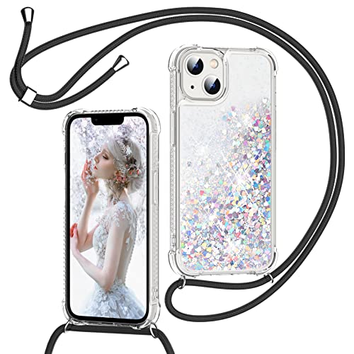 Handykette Hülle für iPhone 13 6.1'', Glitzer Treibsand Necklace Silikon Stoßfest Handyhülle mit Band Transparent TPU Bumper Schutzhülle mit Kordel zum Umhängen, Flüssig Quicksand Case in Schwarz von TUUTPU