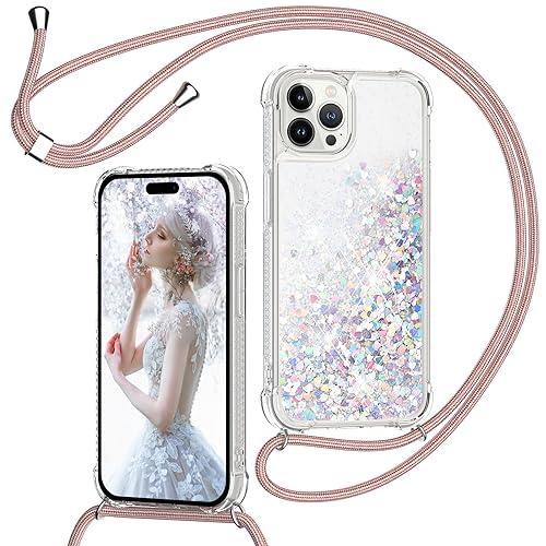 Handykette Hülle für iPhone 15 Pro Max 6,7'', Glitzer Treibsand Necklace Silikon Stoßfest Handyhülle mit Band Transparent Bumper Schutzhülle mit Kordel zum Umhängen, Quicksand Case in Rosé-Gold von TUUTPU