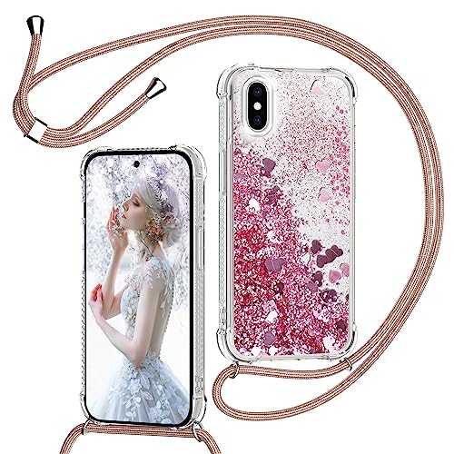 Handykette Hülle für iPhone X/iPhone XS, Glitzer Treibsand Necklace Silikon Stoßfest Handyhülle mit Band Transparent TPU Bumper Schutzhülle mit Kordel zum Umhängen, Quicksand Case in Rosa von TUUTPU