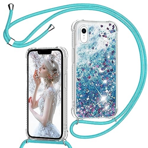 Handykette Hülle für iPhone XR, Glitzer Treibsand Necklace Silikon Stoßfest Handyhülle mit Band Transparent TPU Bumper Schutzhülle mit Kordel zum Umhängen, Quicksand Case in Blau von TUUTPU