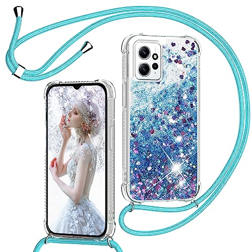 Handykette für Xiaomi Redmi Note 12 4G Hülle mit Band, Glitzer Treibsand Handyhülle mit Kette, Transparent Stoßfest Schutzhülle mit Kordel zum Umhängen - Quicksand Necklace Case mit Schnur in Blau von TUUTPU