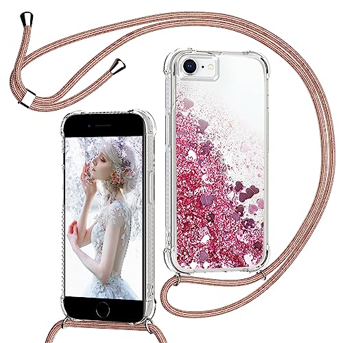 Handykette für iPhone 8/SE 2020/SE 2022/7/6/6S Hülle mit Band, Glitzer Treibsand Handyhülle mit Kette, Transparent Stoßfest Schutzhülle mit Kordel zum Umhängen - Quicksand Case mit Schnur in Rosa von TUUTPU