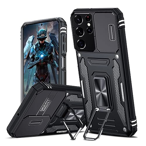 Hülle für Samsung Galaxy S21 Ultra Kameraschieber Schutz, Hybrid Handyhülle mit Kameraschutz Kickstand Ständer Metall Ring Handy Hüllen, Militärqualität Standard Stoßfeste Schutzhülle Case - Schwarz von TUUTPU