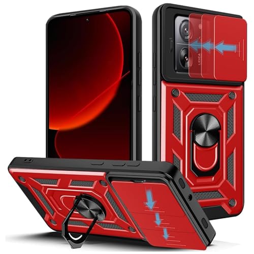 Hülle für Xiaomi 13T/Xiaomi 13T Pro Kameraschieber Schutz, Hybrid Handyhülle mit Kameraschutz Kickstand Ständer Metall Ring Handy Hüllen, Militärqualität Standard Stoßfeste Schutzhülle Case - Rot von TUUTPU