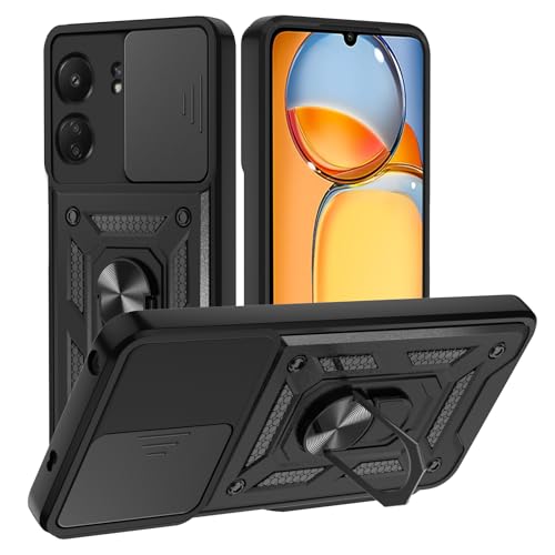 Hülle für Xiaomi Redmi 13C/Poco C65 Kameraschieber Schutz, Hybrid Handyhülle mit Kameraschutz Kickstand Ständer Metall Ring Handy Hüllen, Militärqualität Standard Stoßfeste Schutzhülle Case - Schwarz von TUUTPU