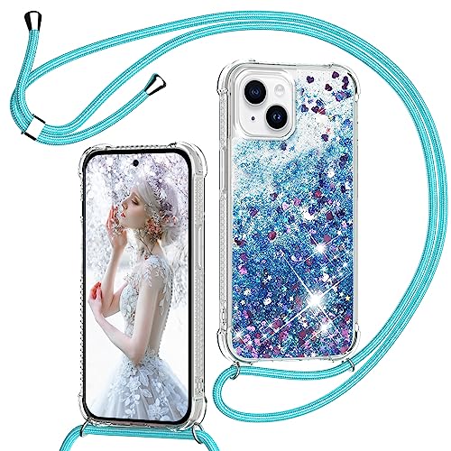 TUUTPU Handykette für iPhone 14 6,1'' Hülle mit Band, Glitzer Treibsand Handyhülle mit Kette, Transparent Stoßfest Schutzhülle mit Kordel zum Umhängen - Quicksand Case mit Schnur in Blau von TUUTPU