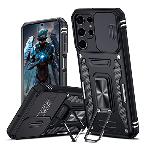 Hülle für Samsung Galaxy S22 Ultra Kameraschieber Schutz, Hybrid Handyhülle mit Kameraschutz Kickstand Ständer Metall Ring Handy Hüllen, Militärqualität Standard Stoßfeste Schutzhülle Case - Schwarz von TUUTPU