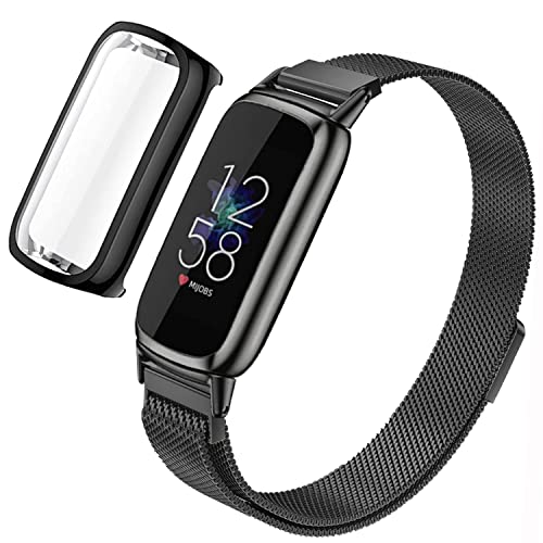Metallarmband kompatibel mit Fitbit Luxe Bändern, mit Displayschutzfolie, kompatibel mit Fitbit Luxe Smartwatch-Zubehör (schwarz) von TUV PLNT