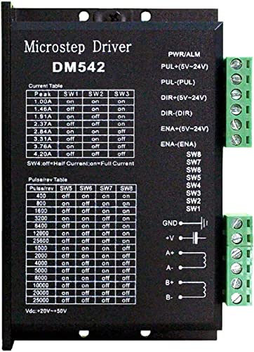 CNC-Digital-Mikroschritt-Treiber DM542 Schrittmotor-Controller, 2-Phasen-Digital-Schrittmotor-Treiber 20–50 V DC, max. 4,2 A für Schrittmotoren der Serien Nema 17, Nema 23 und Nema 34, ersetzt M542/H von TUZUK